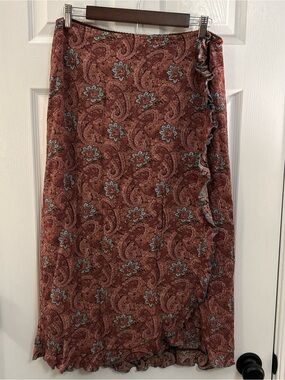 April Cornell Rust Paisley Midi Wrap Skirt with Blue Accents